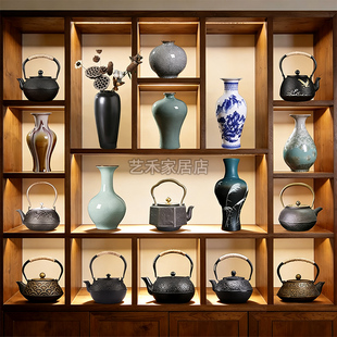 茶室博古架茶柜新中式装饰摆件茶文化氛围布置陶瓷器花瓶铁壶套装