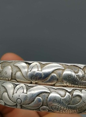 古玩收藏老银手镯推拉双鱼莲花民族风白铜银饰925银镯子女款一对