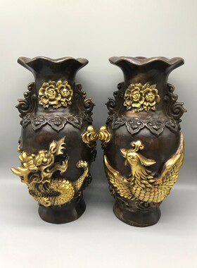 铜鎏金龙凤花瓶仿古做旧铜器龙凤呈祥复古装饰摆件部怀旧客厅