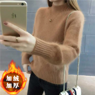 加绒加厚仿水貂绒毛衣女2025新款秋冬短款套头针织衫宽松打底衫潮