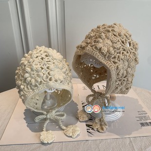 INS秋冬可爱女童宝宝薄款森林系蕾丝淑女帽子立体手钩花朵公主帽