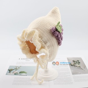 花边口婴儿护耳系绳帽子秋冬保暖女宝宝毛线帽可爱公主针织帽