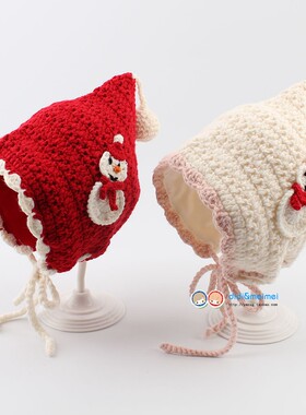 雪人圣诞秋冬保暖护耳男女宝宝毛线帽子手钩儿童吊球红色新年帽