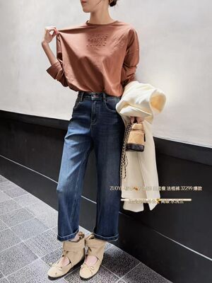 左一3Z299法棍裤女九分大码宽松显瘦小个子阔腿裤直筒深色爆款