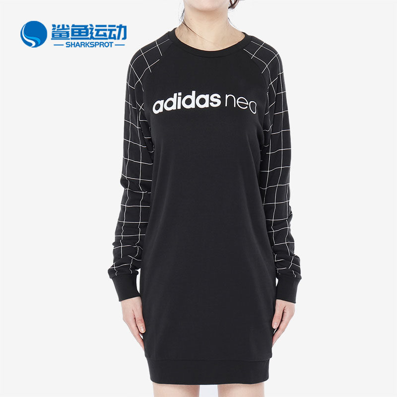 Adidas/阿迪达斯正品女子格子印花圆领长袖运动连衣裙 CD3981