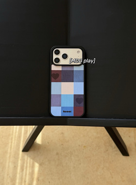 ins风个性苹果17/17promax蓝色系格纹iPhone16/16pro/15手机壳苹果拼接撞色格子保护套防摔黑边手机壳保护套