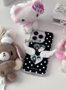 苹果韩系ins小众设计感古早可爱少女心黑底波点爱心手机壳16promax/15pro/14/13/12/11亚克力全包防摔保护套