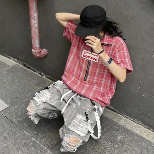 UUCSCC夏季嘻哈潮牌oversize五分袖衬衣美式宽松复古格子短袖衬衫
