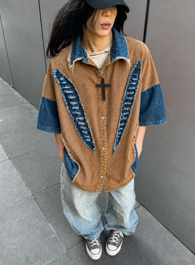 UUCSCC翻领五分袖复古破洞衬衫