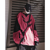 美式 UUCSCC嘻哈潮牌破洞宽松长袖 帽衫 复古vintage假两件圆领卫衣