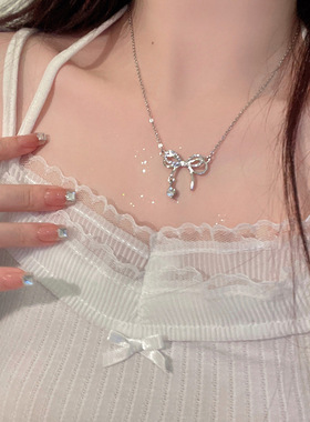水钻蝴蝶结925纯银项链女ins潮设计感简约百搭锁骨链时尚个性配饰