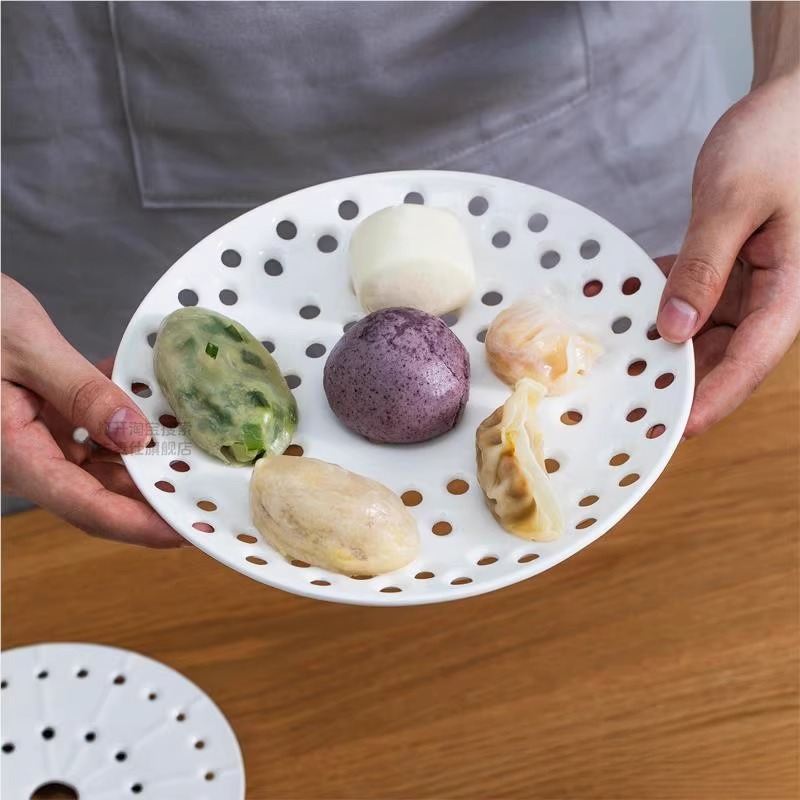 陶瓷饺子盘多孔蒸盘沥水盘隔水蒸架水果盘菜盘蒸蒸格篦子蒸片圆形