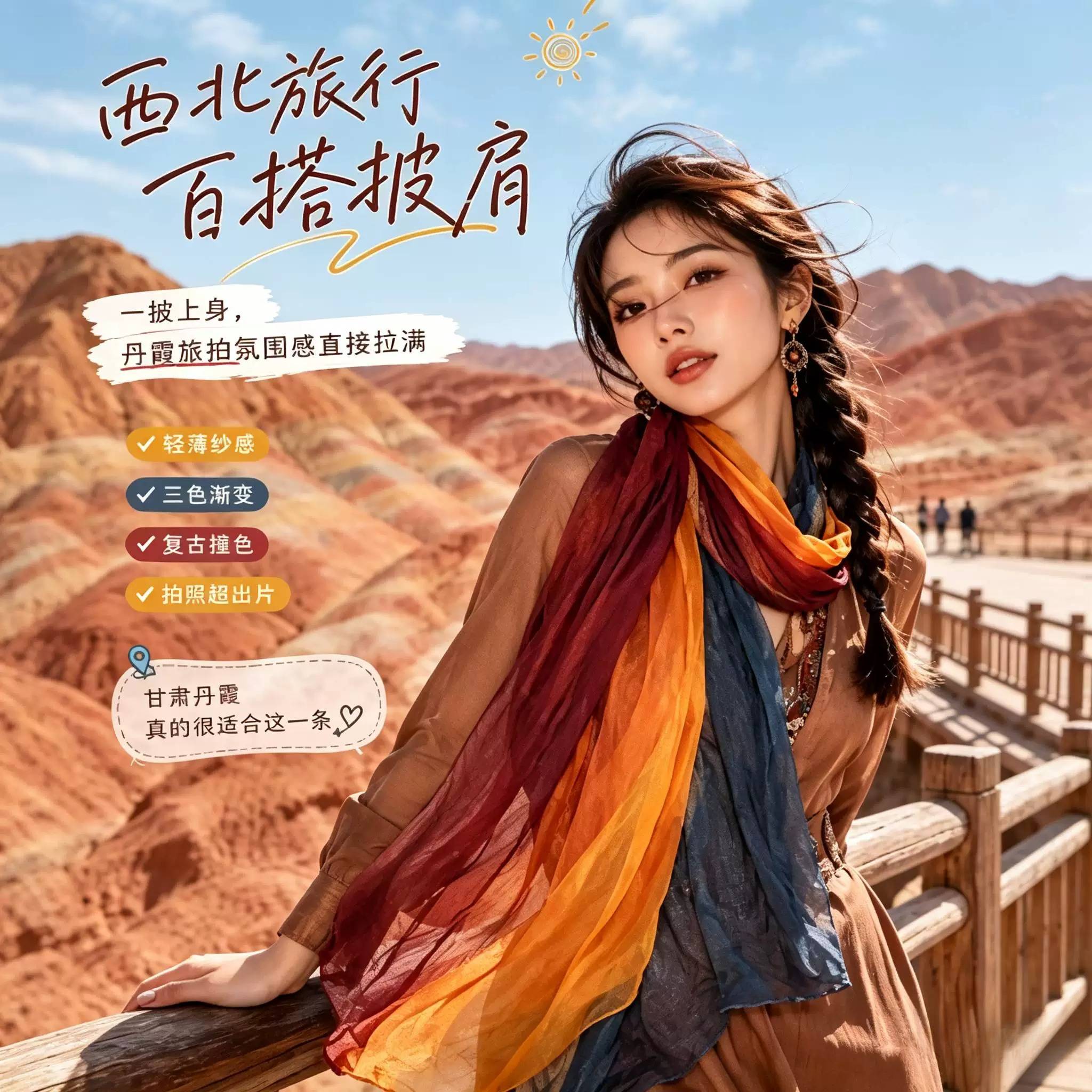 西北甘肃敦煌沙漠旅游穿搭废土风七彩丹霞丝巾防晒披肩围巾女纱巾