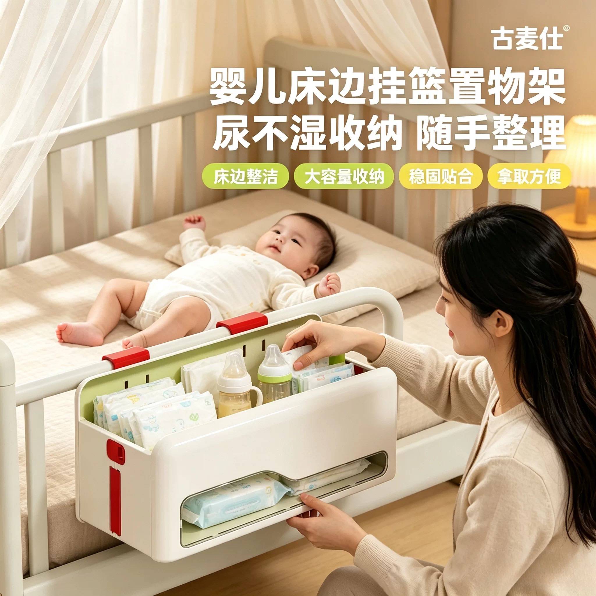 床头置物架婴儿床边挂篮床挂儿童宝宝床头围栏尿不湿尿片收纳盒尿