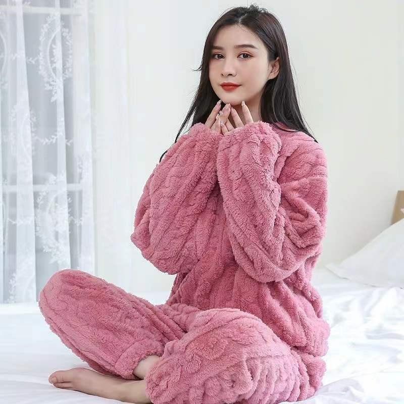 珊瑚绒睡衣女冬季加绒加厚提花长袖家居服两件套秋冬宽松暖暖套装