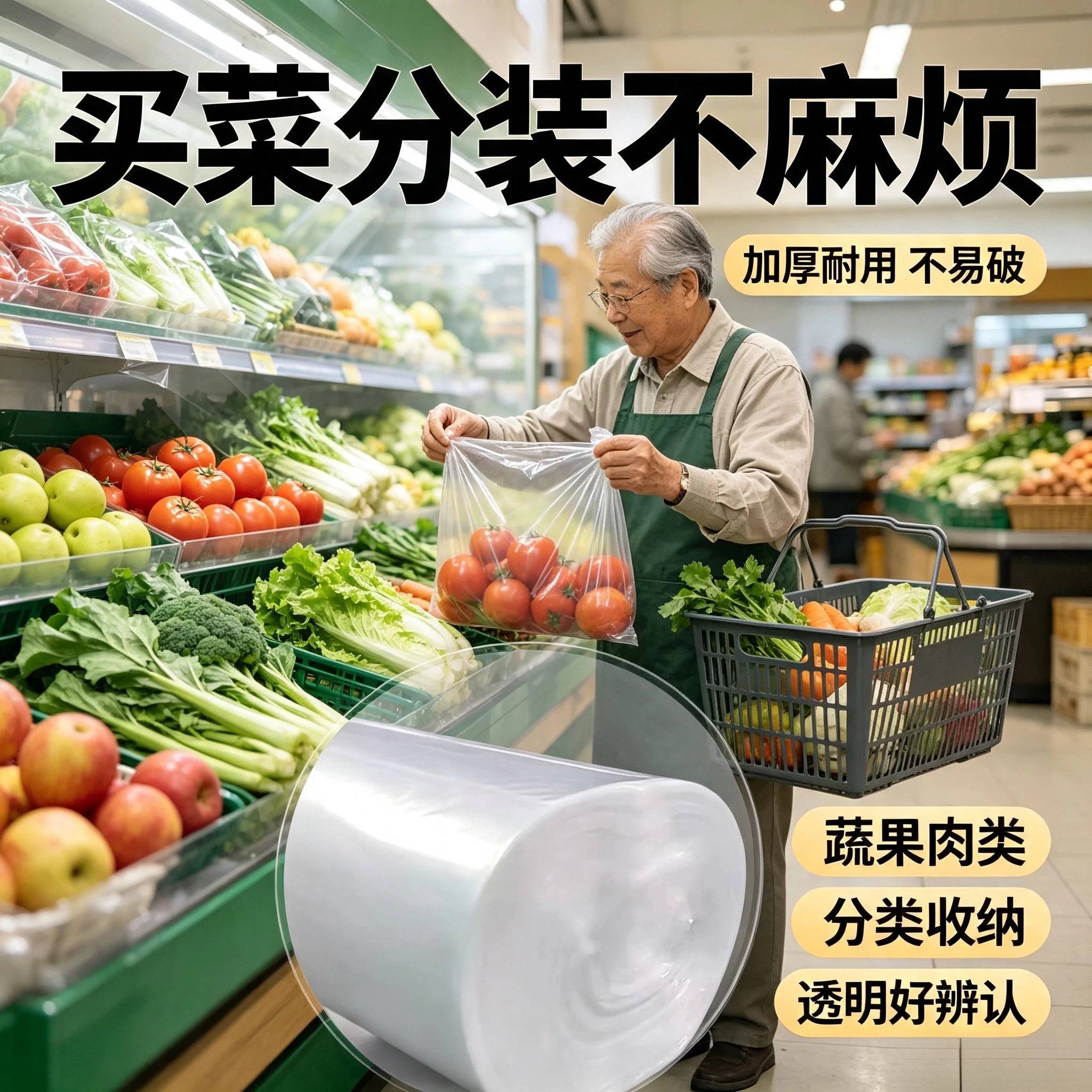 超市连卷袋专用购物袋食品保鲜袋家用食品级大号塑料袋加厚平口袋
