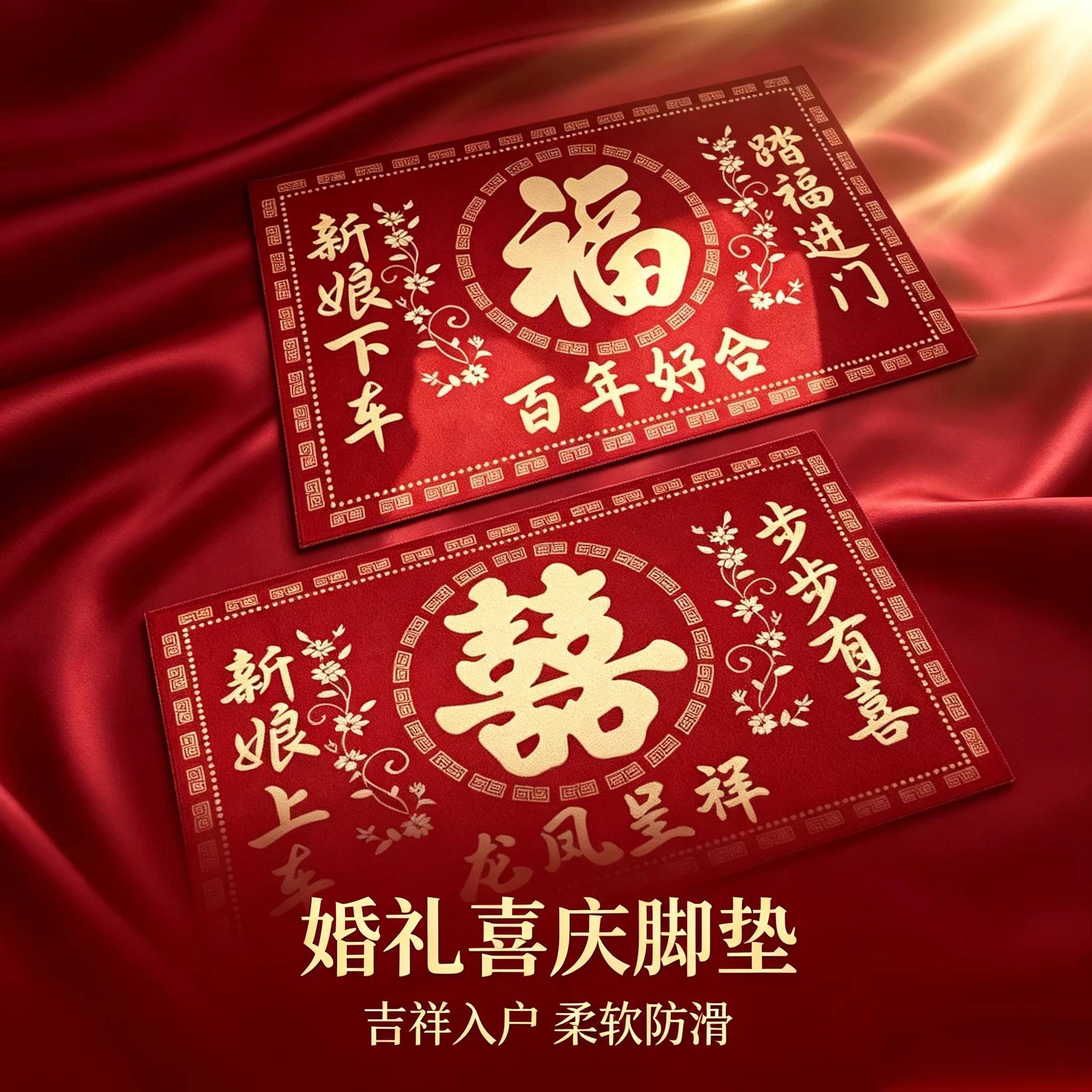 中式结婚喜字入户门地垫喜庆进门门口红地毯新婚门垫婚房布置脚垫