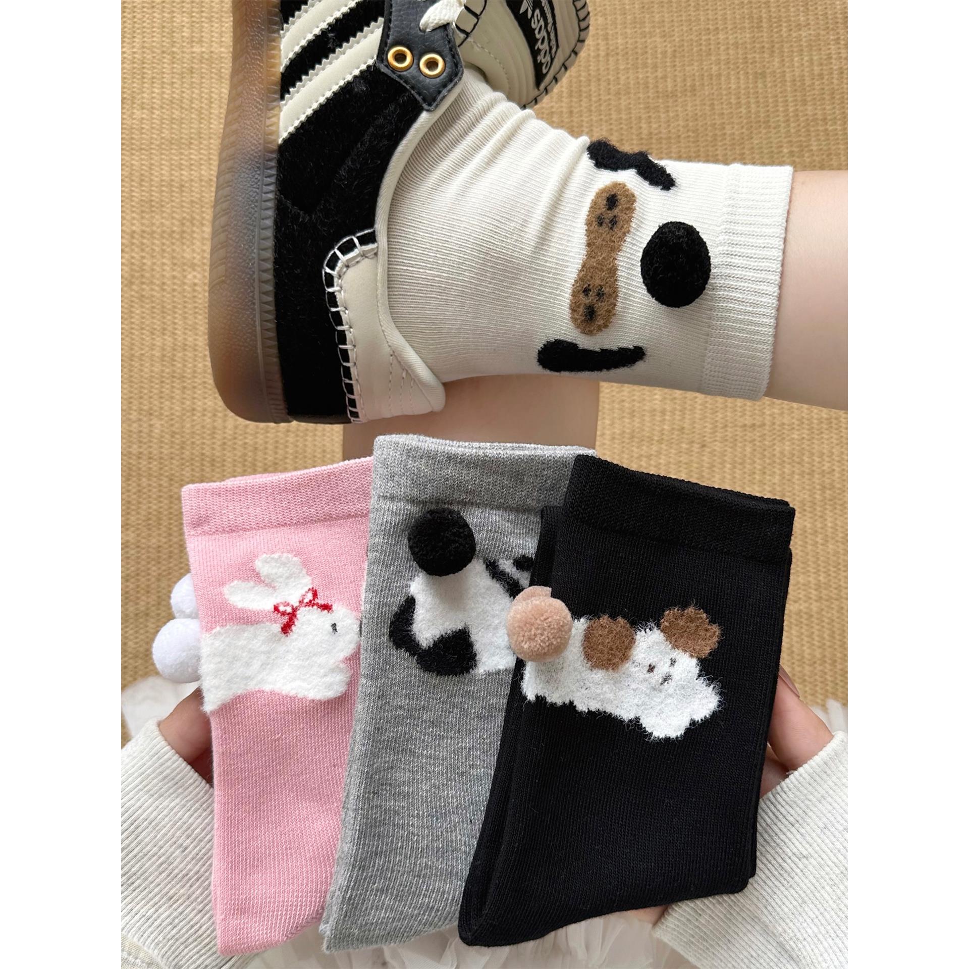 卡通可爱立体袜子女士春秋季ins运动德训鞋冬天中筒小狗堆堆棉袜