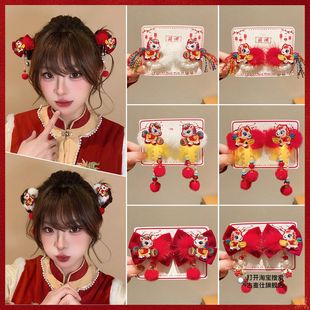 新年儿童红色绒球发夹女童蝴蝶结飘带头饰小女孩过年流苏节日发卡