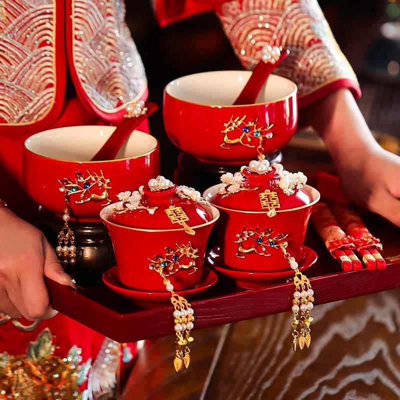 结婚敬茶杯套装一对喜碗筷红色婚礼新人茶具改口敬酒陪嫁用品大全