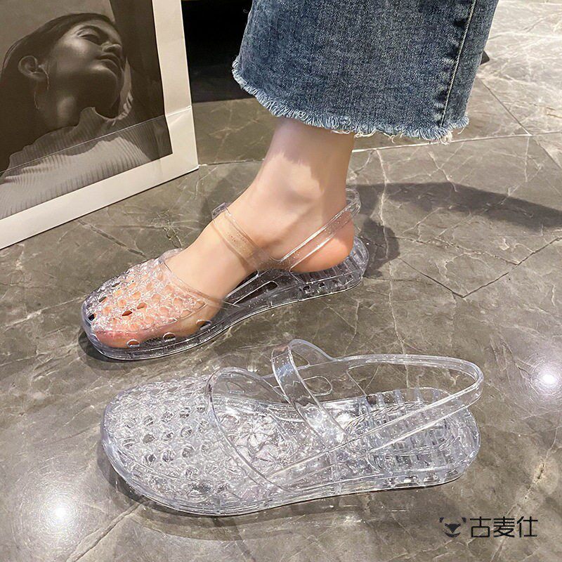 2026新款透明水晶鞋平底包头半拖鞋女外穿镂空网鞋果冻鞋时尚凉拖