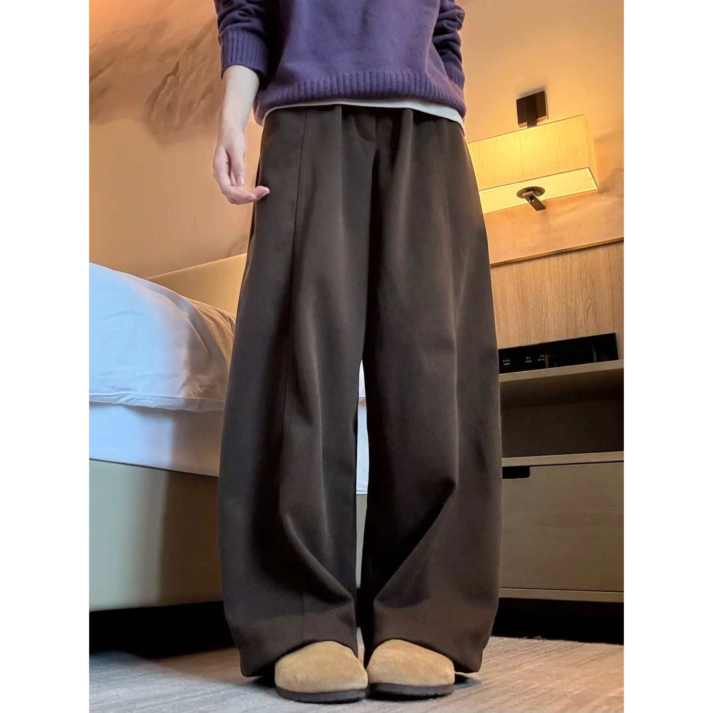 美拉德棕咖色加绒裤子女冬加厚毛呢阔腿裤胖mm大码显瘦香蕉弯刀裤