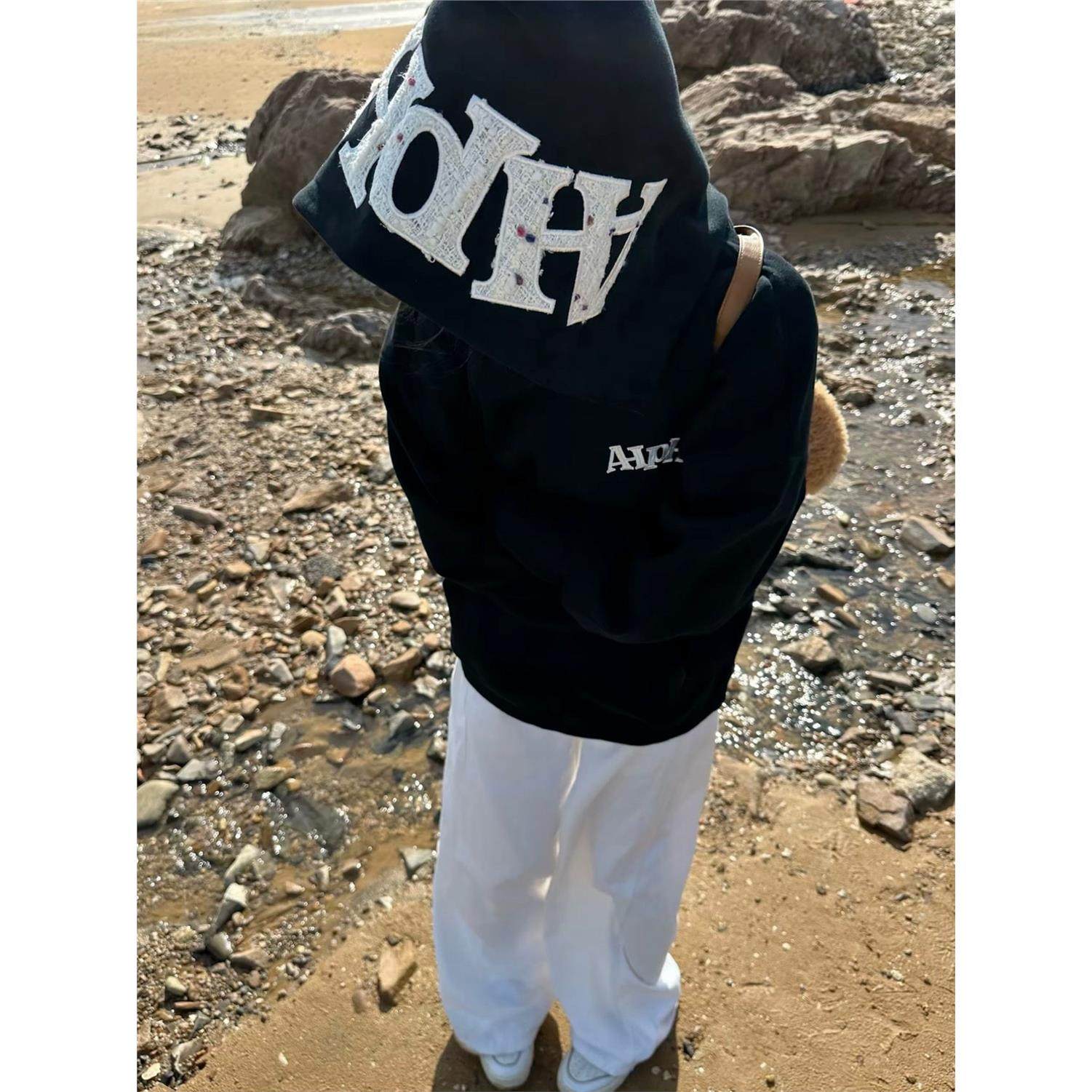 美式覆古帽子字母贴布刺绣连帽卫衣女秋冬加绒宽松慵懒风情侣外套