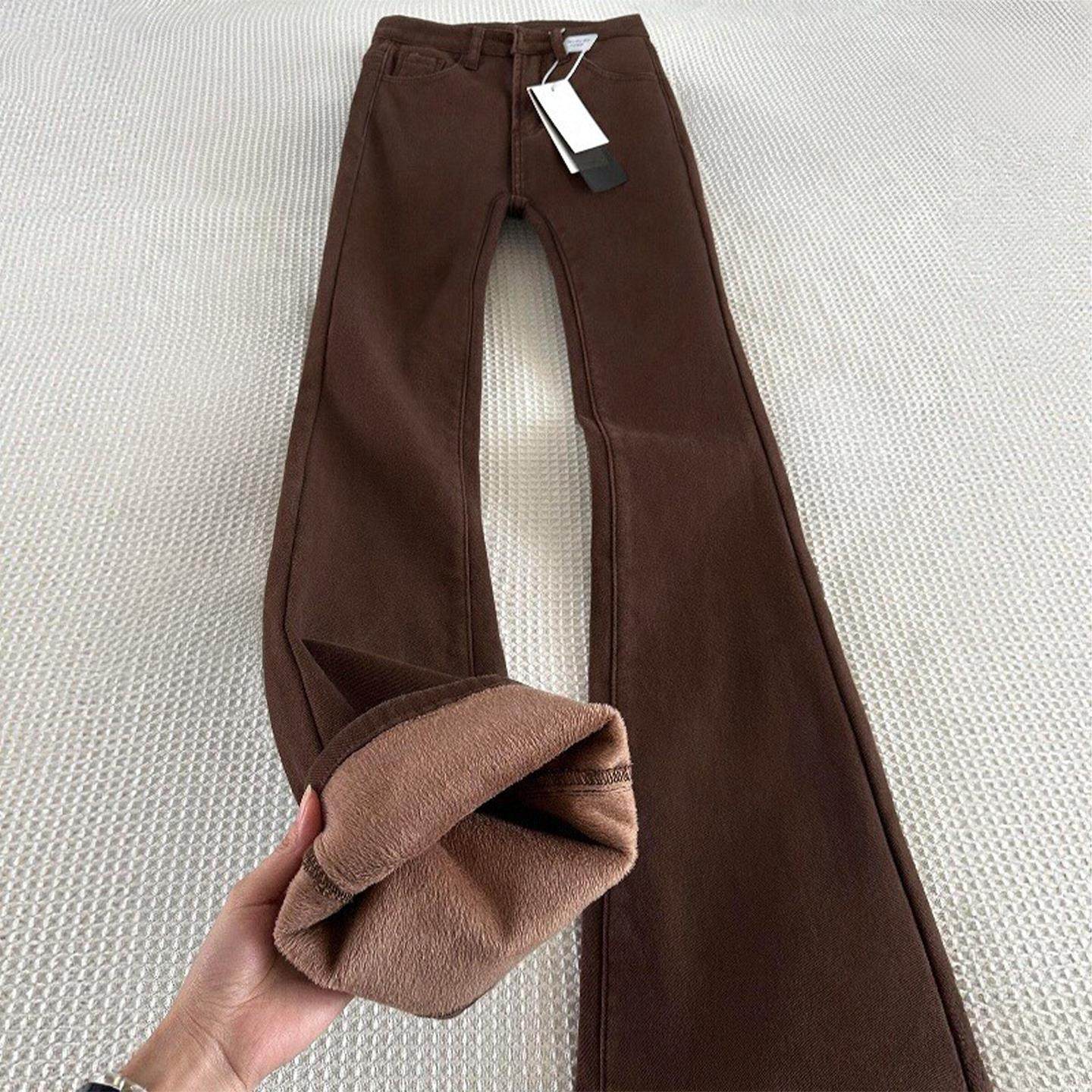 加绒加厚咖色微喇牛仔裤