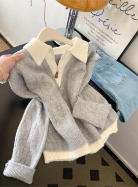 高级感半拉炼假两件灰色毛衣女2025秋冬翻领可外穿内搭针织衫上衣