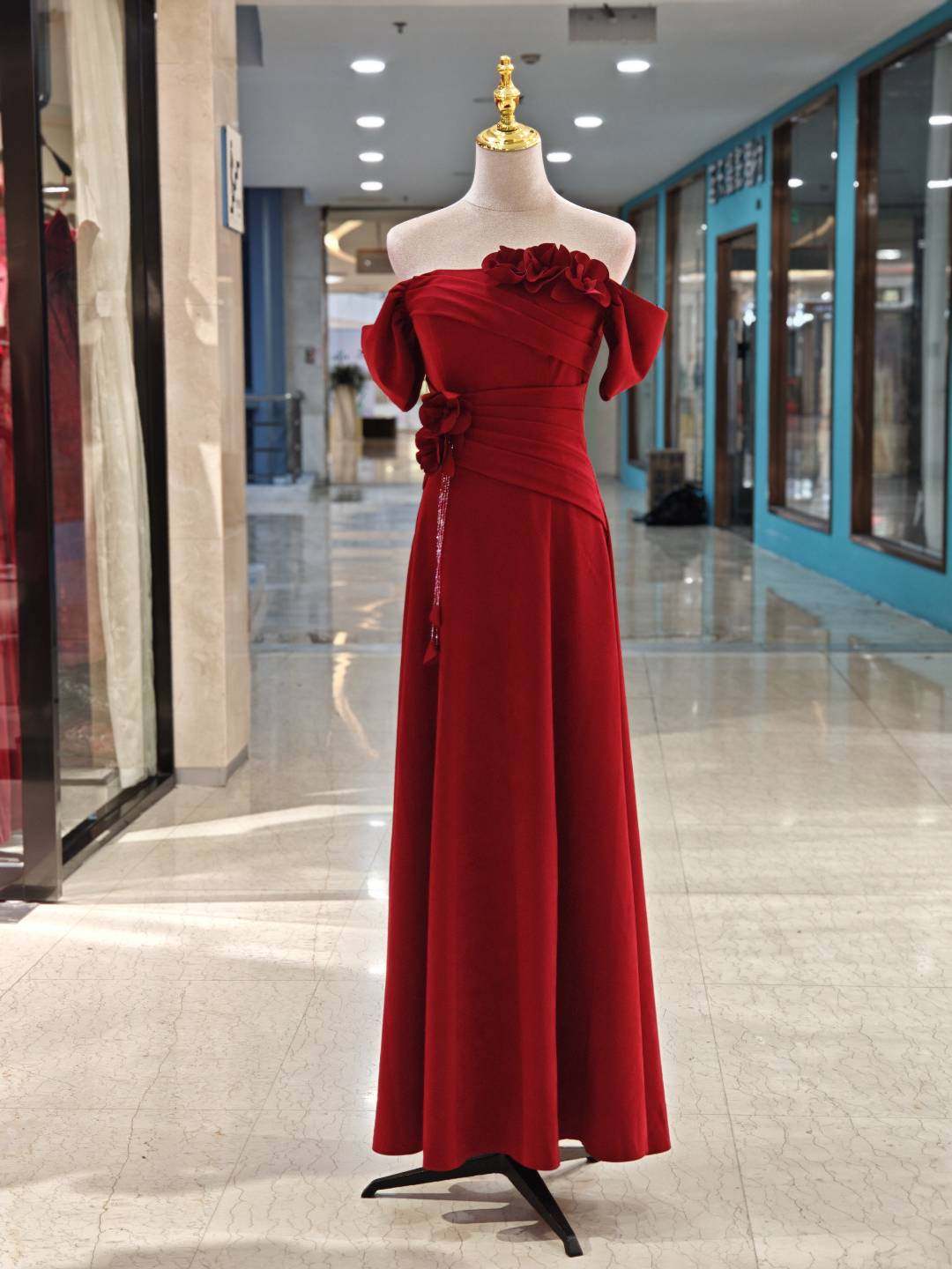 一字肩玫瑰花绒敬酒服2026新款复古小A晚礼服结婚订婚气质长裙女