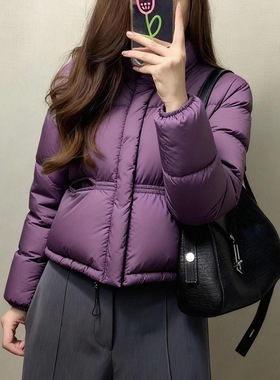 紫色保暖宽松立领短款棉服女款冬季小个子显高超好看夹棉厚外套