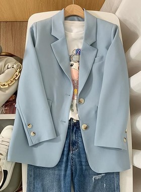 浅蓝色西装外套女2022春季新款设计感小众韩版宽松气质小西服