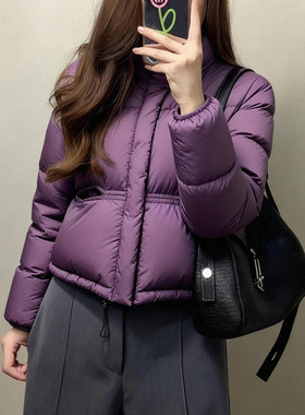 紫色保暖宽松立领短款棉服女款冬季小个子显高超好看夹棉厚外套