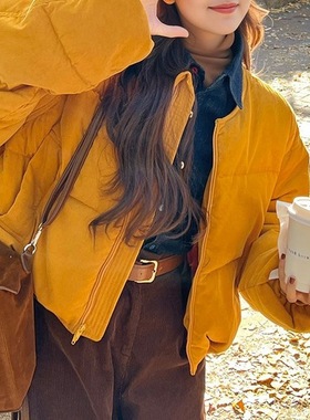 橘黄色加厚保暖面包服2025年冬季新款小个子通勤风加厚抽绳棉服