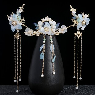 战国袍头饰蓝色汉服女款步摇流苏发簪插梳古风发冠簪子儿童古装配