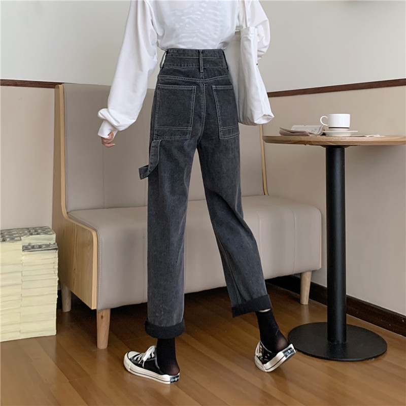Real price autumn and winter high waist elegant women's loose and thin, wide leg vertical feeling straight pants thickened jeans