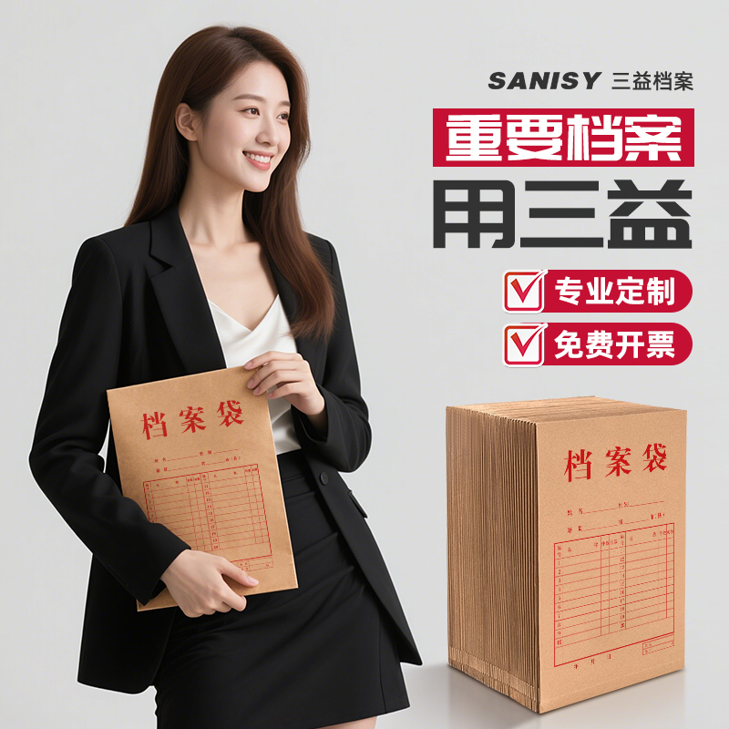 三益50个装牛皮纸档案袋A4纸质文件袋文档文件收纳背宽不易变形加厚投标合同资料批发大容量定做定制印Logo