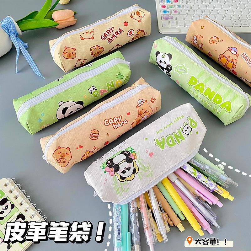 卡通熊猫大容量双层笔袋小学生高颜值铅笔盒可爱豚鼠拉链铅笔袋