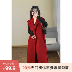 D03419 田原~特 气质担当~莼羊毛手工双面呢系带中长马甲外套女