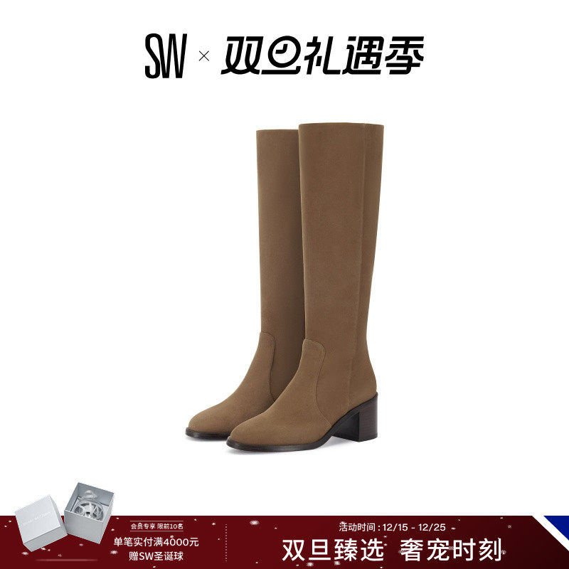 SW早秋新品高跟圆头侧拉链长筒靴