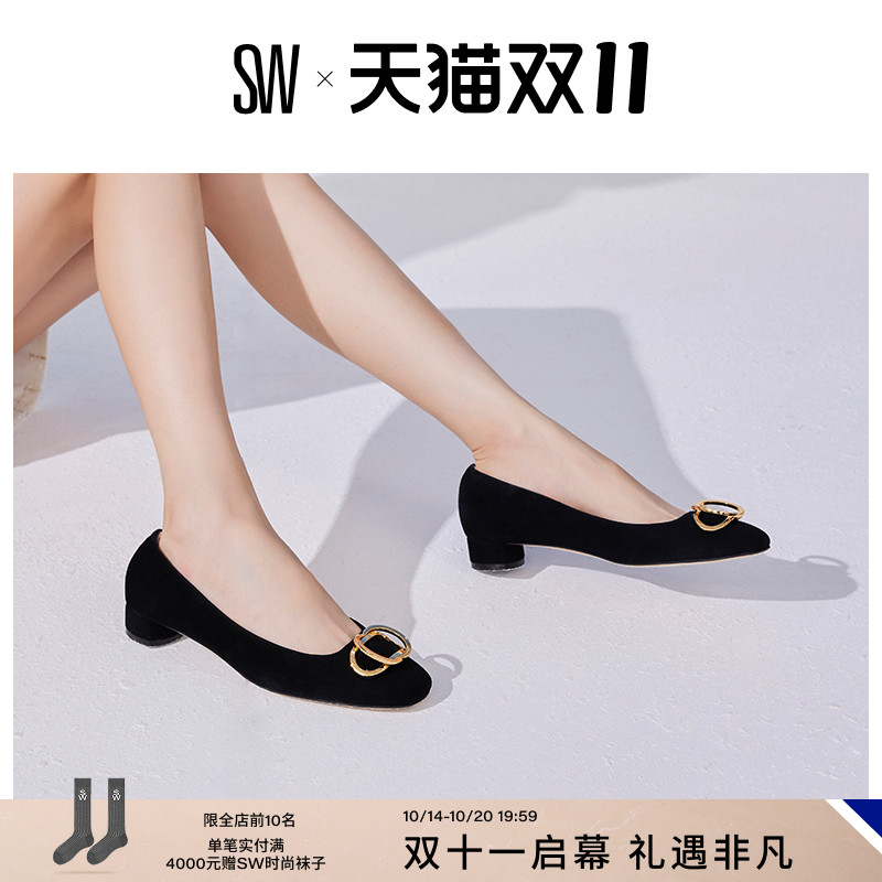 SW春夏低跟双环扣圆头高跟鞋