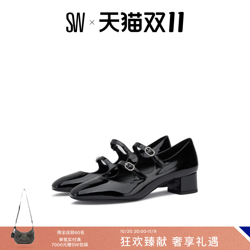 SW25新款双扣带粗跟高跟玛丽珍鞋