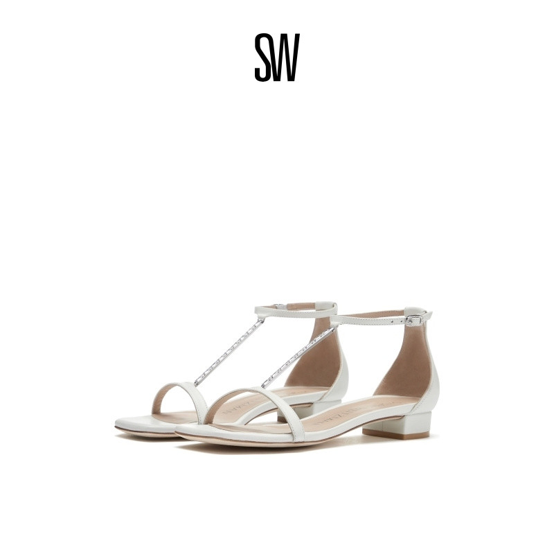 SW早春新款粗跟一字带凉鞋