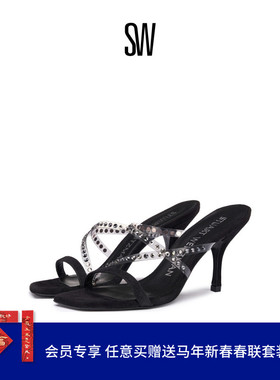 SW STRAPEZE CRYSTAL SLIDE 细高跟凉鞋女双系带拖鞋女外穿夏