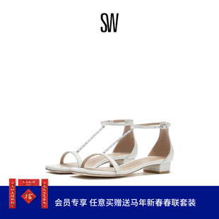 SW NUDISTCURVE CRYSTAL DECO FLAT夏季粗跟罗马度假风一字带凉鞋