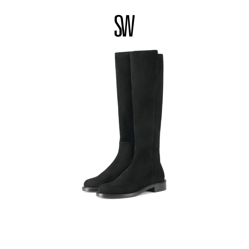 SW低跟圆头拼接长筒靴女