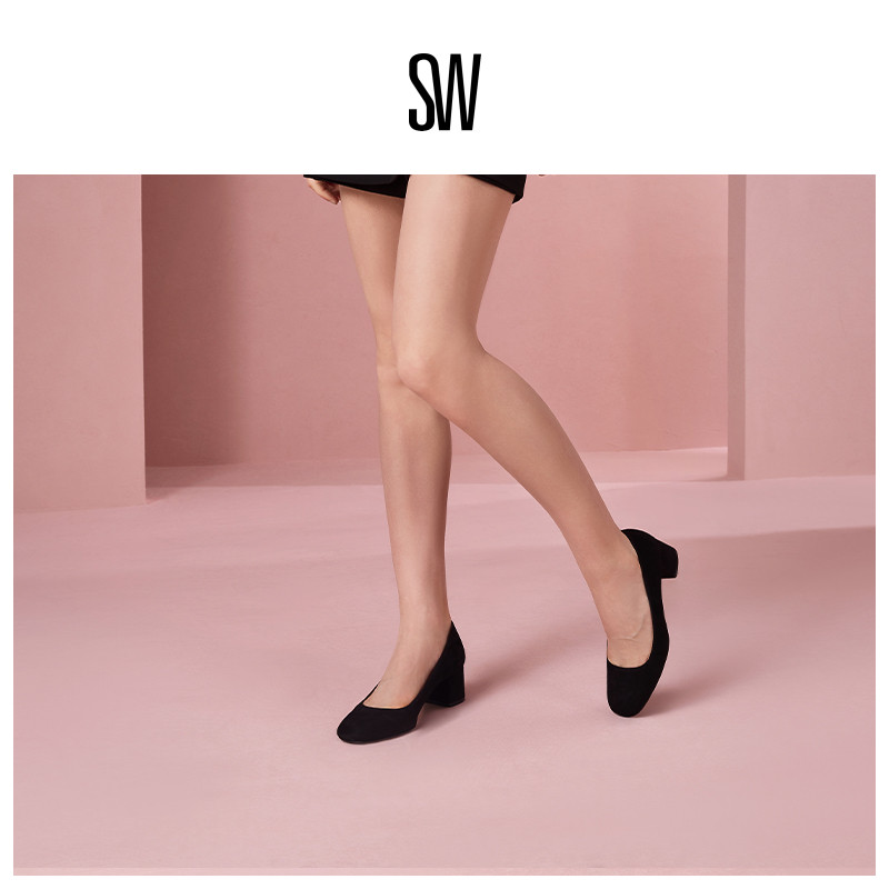 SW25春夏新款圆头方跟粗跟高跟鞋