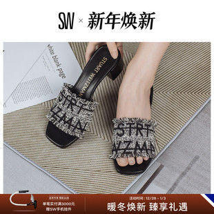 CAYMAN 春夏粗跟字母提花织物凉拖外穿拖鞋 SLIDE BLOCK