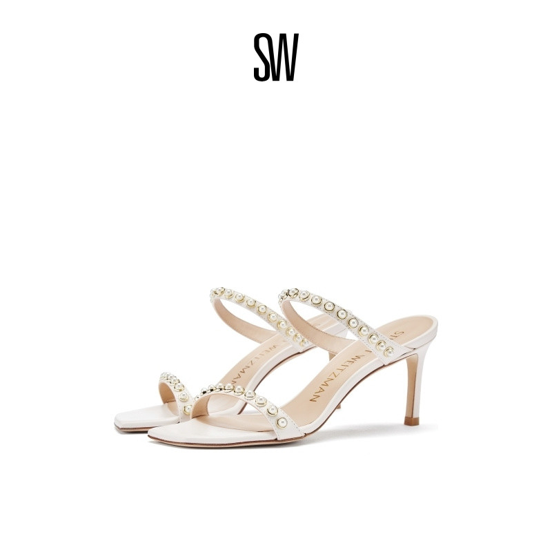 SW春夏珍珠细跟方头一字带凉鞋女