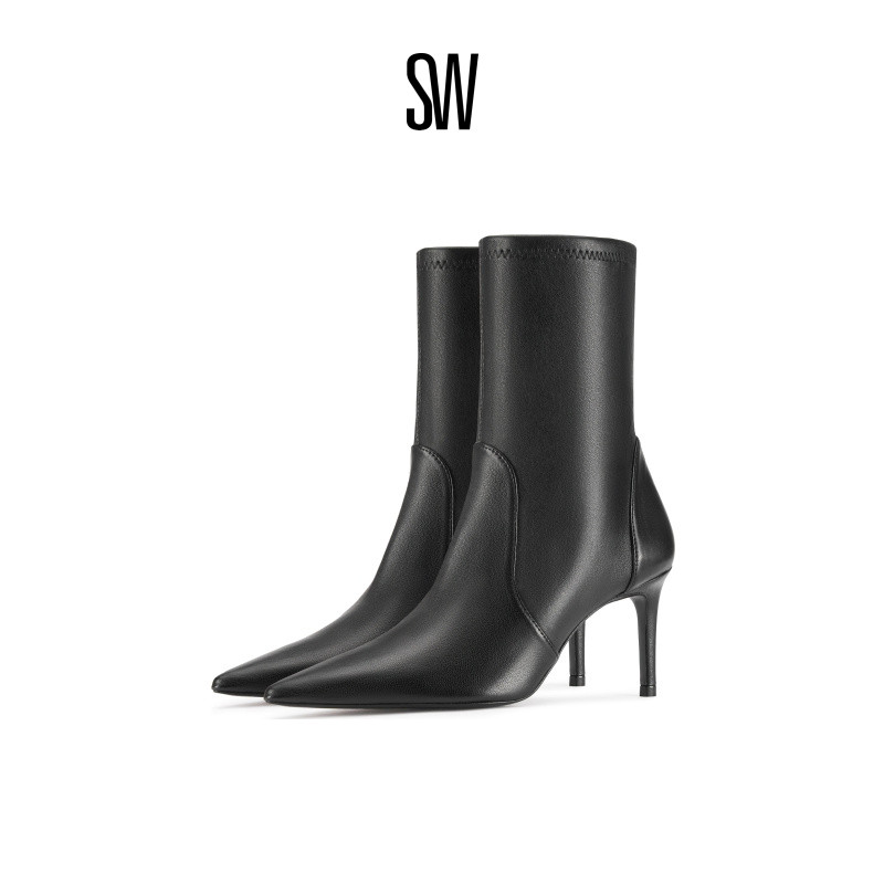 SW秋冬细高跟袜靴尖头短靴优雅